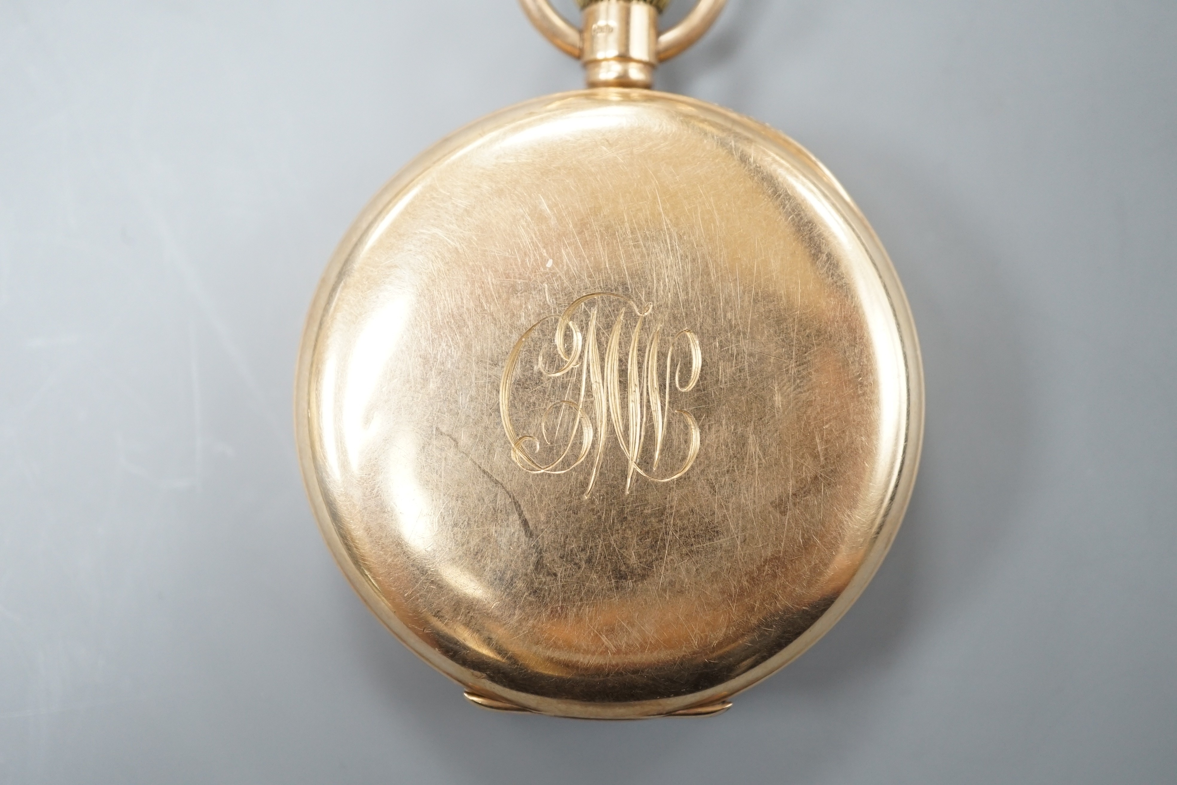 A George V J.W. Benson 9ct gold keyless lever half hunter pocket watch, with Roman dial and subsidiary seconds, case diameter 48mm